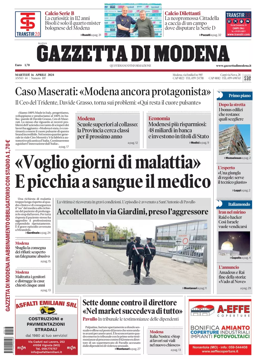 Prima-pagina-gazzetta di modena-oggi-edizione-del-2024-04-16